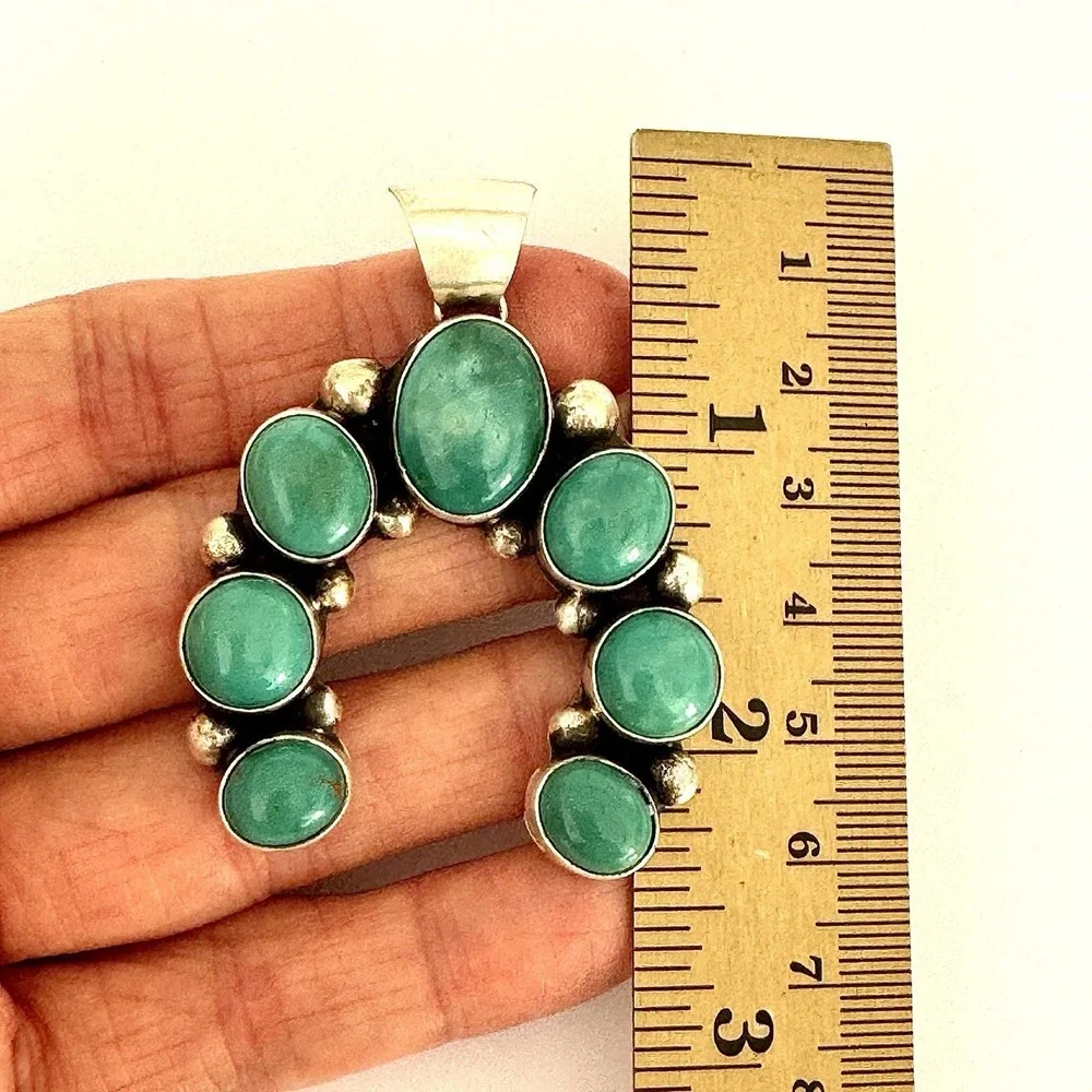 Turquoise Naja Navajo Pendant 2.25in Signed Largo Sterling Matte Squash Blossom